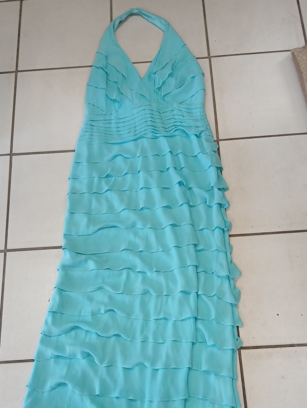 Tadashi Shoji Aqua Halter Ruffle Maxi Dress